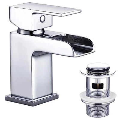 Image of Funime Basin Taps Mixers with Pop up Waste Slotted Waterfall Bathroom Sink Mixer Tap Square Modern Cloakroom Faucet Monobloc G1/2 Hoses Single Hole