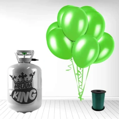 Image of Disposable Helium Gas Cylinder with 30 Balloons and Curling Ribbon included (Lime Green, Single)