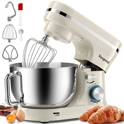 Image of Vospeed Stand Mixer, 4.5L+5L Bowls 8 speed 1000W Tilt Head Food Kitchen Electric Mixer with Dough Hook, Whisk, Beater, Splash Guard (Cream White)