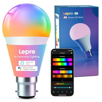 Image of Lepro B2 AI Smart Bulb Bayonet, 1100lm WiFi B22, Music Sync Colour Changing Light Bulbs, Lighting Design Assistant, Voice Control, Works with Alexa &amp; Google RGBCCT Dimmable LED