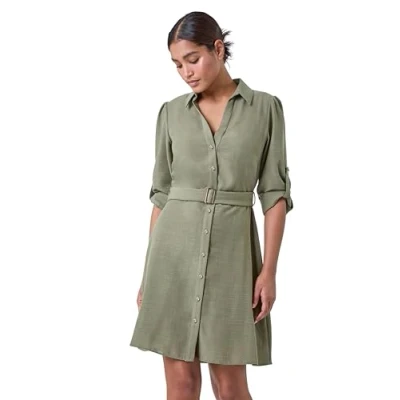 Image of Roman Originals Shirt Dress for Women UK Ladies Belted Collared Midi Maxi Summer Smart Casual Button Through Evening Office A Line Swing Skater Spring Holiday Vacation Plina Khaki Size 18