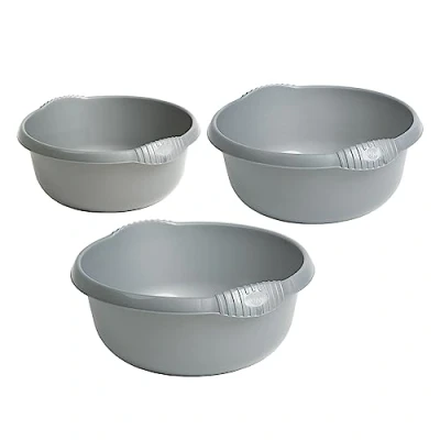 Image of M1SS Silver 3 Piece Multi Functional Round Plastic Bowl Set Washing Up Bowls with Integral Handles for Sink Basin Kitchen Counter Top (28cm, 32cm &amp; 36cm Bowls)