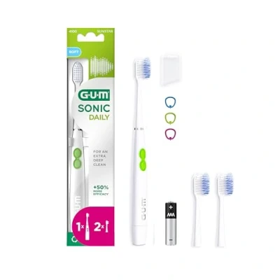 Image of GUM Sonic Daily Battery Operated Electric Toothbrush Particularly Suitable for on The go Gentle and Thorough Cleaning 1x Toothbrush, 2X Spare Brush Heads, (White)