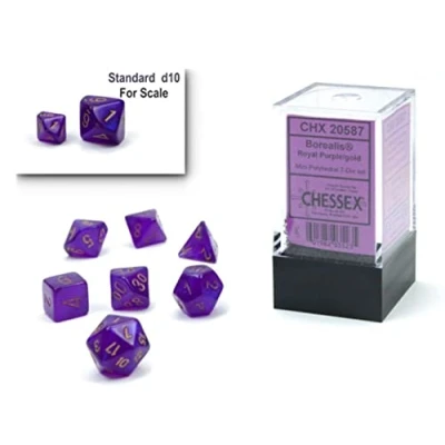 Image of Chessex Dice Set 10mm Borealis Purple/Gold Luminary Polyhedral Dungeons and Dragons D&amp;D DND TTRPG Includes 7 D4 D6 D8 D10 D12 D20 D% (CHX20587)