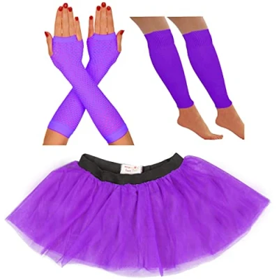 Image of 80s Fancy Dress for Women Neon tutu Skirt costume Party Accessories 1980s Costumes Leg Warmers Fishnet Gloves Rave Retro Outfit (14 22 UK, Purple)