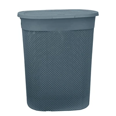 Image of Valley Blue 45L Laundry Basket Knit Design Loop Plastic Rectangular Lidded Washing 43 x 30.5 29.5 cm