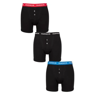 Image of Mens 3 Pack Glenmuir William Button Front Cotton Boxer Shorts Black Contrast M