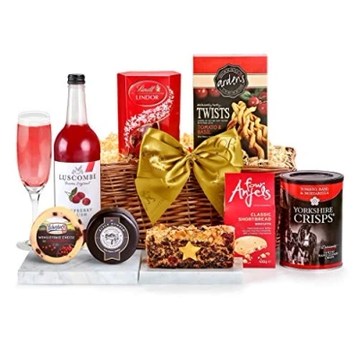Image of Gourmet Non Alcoholic Gift Hamper Alcohol Free Stratford with Elderflower &amp; Rose Presse, Luxury Cheddar, Shortbread, Fruit Cake Food and Drink Gifts, from Regency Hampers