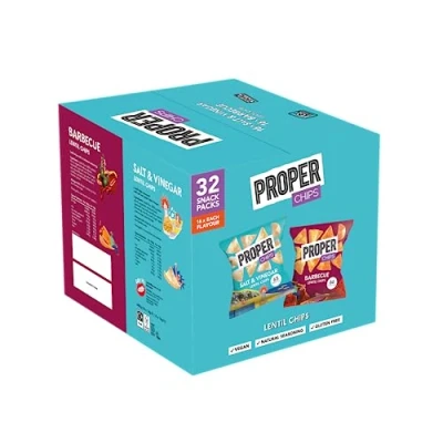 Image of PROPERCHIPS Multipack Box, Barbecue and Salt &amp; Vinegar Lentil Chips, Vegan, Gluten Free Snacks, 14g, 32 Packs, (16 bags of each flavour)