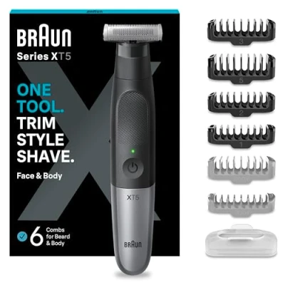 Image of Braun Series XT5 One Blade Hybrid Beard &amp; Stubble Trimmer, Electric Shaver for Men, Body Groomer Manscaping with Travel Pouch, Gifts XT5200, Black Razor