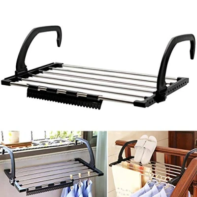 Image of Folding Towel Drying Rack Stainless Steel Clothes Hanging Racks with Clips for Balcony Windowsill, Radiator Airer, Bar Rack, Rack,Hanging Over Door Airer