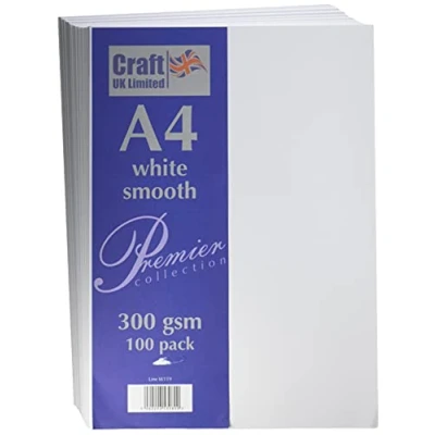 Image of Craft UK A4 300Gsm 100 Sheets, White Card 300gsm, 29.6 x 21 0.1 cm
