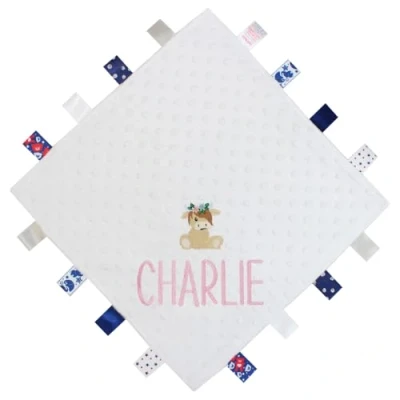 Image of TeddyT&#039;s Personalised Baby Highland Cow Ribbon Taggy Blanket Comforter (Baby Pink)