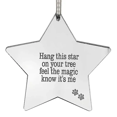 Image of Mirrored Acrylic Pet Memorial Hanging Star Christmas Decoration Dog/Cat Paw Prints Remembrance Gift 10cm x