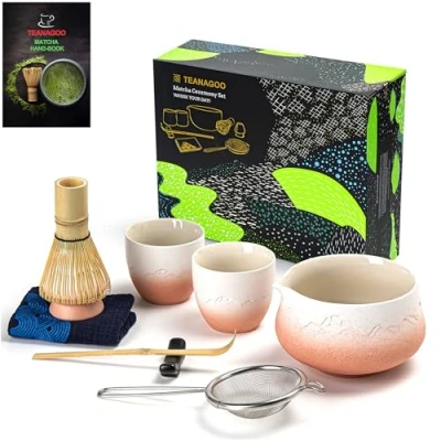 Image of TEANAGOO Matcha Set Whisk Bowl with Pouring Spout Scoop Holder Tea Making Kit. Japanese (7pcs) + 2Cups(5.6oz),S35,Gradient Pink White,Color Box Packing…