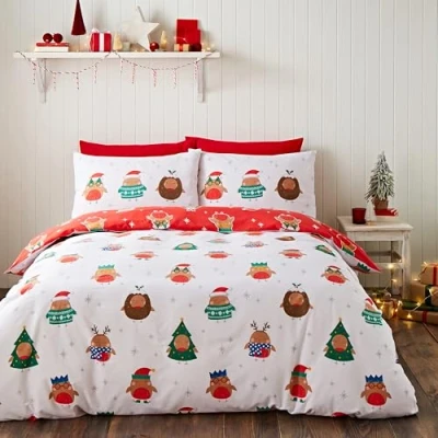 Image of Catherine Lansfield Christmas Party Robins Reversible Double Duvet Cover Set with Pillowcases Grey