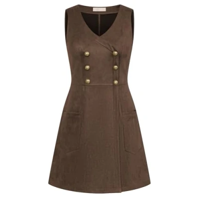 Image of Belle Poque Women Pinafore Dress Sleeveless Faux Suede A Line with Pockets Coffee S