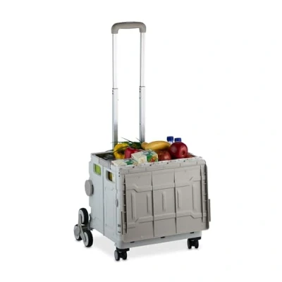 Image of Relaxdays Trolley, Stair Climbing, Foldable, Up to 50kg, Telescopic Handle, Shopping Transport Cart, White/Grey