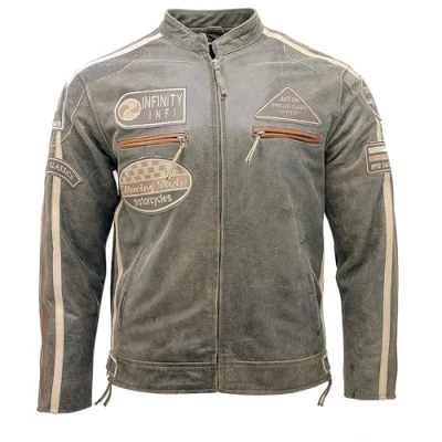 Image of Mens Brown Leather Biker Badges Racing Moto Jacket L