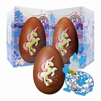 Image of Chocolate Easter Eggs for Gifts Pack of 2 x 151g Unicorn Milk Egg with Topline Wooden Decoration. Great Gift Kids Hunt or Hamper