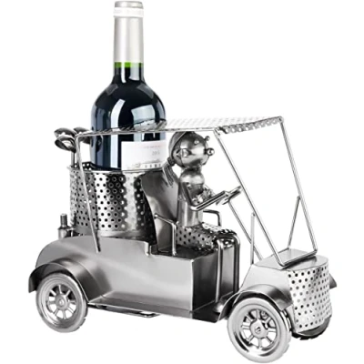 Image of BRUBAKER Bottle Holder Golf Player in a Cart Metal Sculpture Gift for Golfers Fans and Sportsmen Wine Decoration with Card