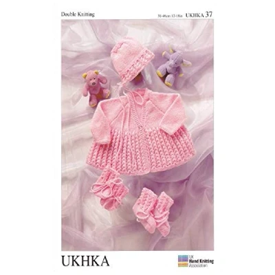 Image of Double Knitting DK Pattern for Baby Long Sleeved Matinee Coat Bonnet Bootees &amp; Mittens (UKHKA 37)