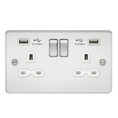Image of KnightsBridge 13A 2G switched socket with dual USB charger A + (2.4A) Polished chrome white insert