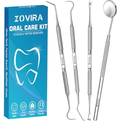 Image of ZOVIRA Plaque Remover for Teeth 5pc Tooth Cleaning Kit with Tartar and Calculus Removal Dental Care Set Stainless Steel Dentist Tools Personal Home Use