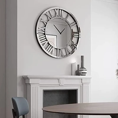 Image of Biznest Full Mirrored Round Wall Clock Large Roman NumeralClock Silver Finish Modern Home Decorative Mount (40x40cm)