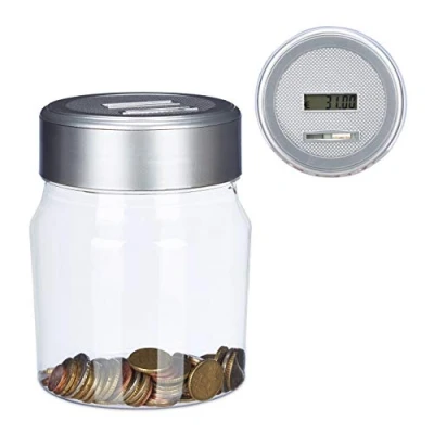 Image of Relaxdays Money Box with Counter, Counting Piggy Bank Display, Digital Coin Euro; Gift, 1.2L, Transparent 16 x 11 cm
