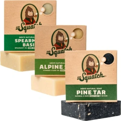 Image of Dr. Squatch All Natural Soap Bar for Men, 3 Variety Pack, Pine Tar, Alpine Sage and Spearmint Basil