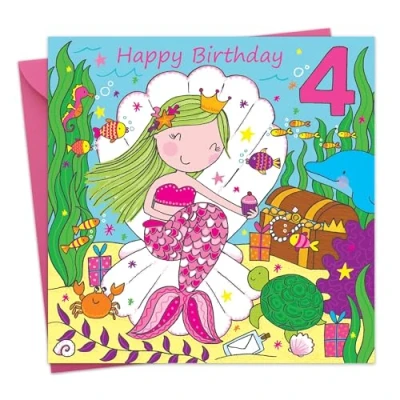 Image of Twizler 4th Birthday Card For Girl with Cute Mermaid &amp; Glitter Four Year Old Age 4 Childrens Girls Happy