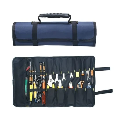 Image of MASO H1809 Portable Tools Bag 22 Pockets 600D Oxford Canvas Tool Roll Up Big Tote Carrier Organizer, Easy Storage &amp; Best for Craftwork Handymen Repairmen Blue,58.5*35.5cm