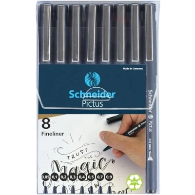 Image of Schneider Pictus Fineliner Pens 8 Different Line Widths 0.05 0.9 mm Black Case of