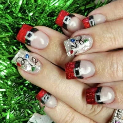 Image of 24x/Box French Tip False Nails Square Press On Christmas Full Covers Stick Glittering Artificial