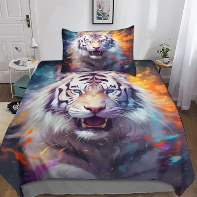 Image of GEEYOU White Tiger 3D Print Duvet Cover Set Bedding Animal Quilt Soft Microfiber with Zipper Closure Comforter Pillow3 Pcs for Kids Teens Adults Single（135x200cm）