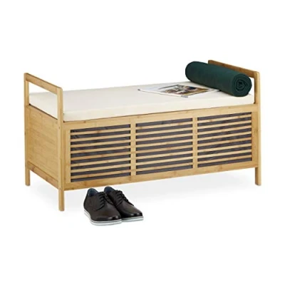 Image of Relaxdays Bamboo Storage Bench Size L: 48 x 93.5 50 cm, Ottoman Seat, w/ Padding, Footstool &amp; Box Lid and Handles, Natural Brown