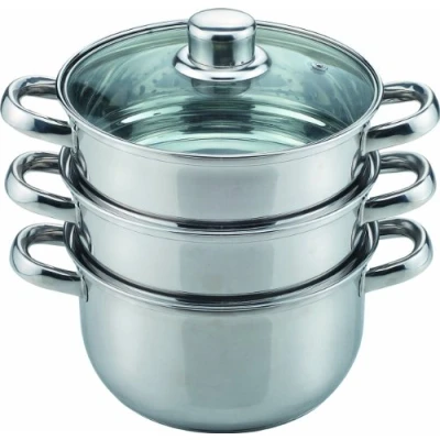Image of Sabichi Food Steamer Stainless Steel 18cm 3 Tier for Cooking Induction Ready with Vented Glass Lids, Cooking, Polished Mirror Finish, Silver