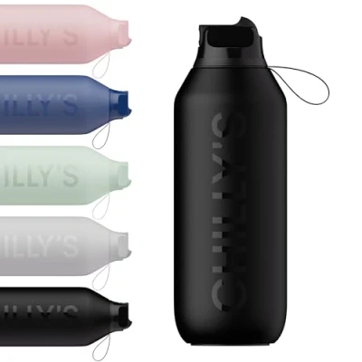Image of Chilly&#039;s Series 2 Flip Water Bottle with Sports Lid, Telescopic Straw and Nylon Carry Loop Easy Cleaning Brush Included 500ml Abyss Black