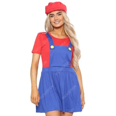 Image of WickedFun® Mario Lady Workman Plumber Costume Ladies 80s Super Bro Red Blue Fancy Dress Book Week Outfits For Girls (Red &amp; Blue, Medium)