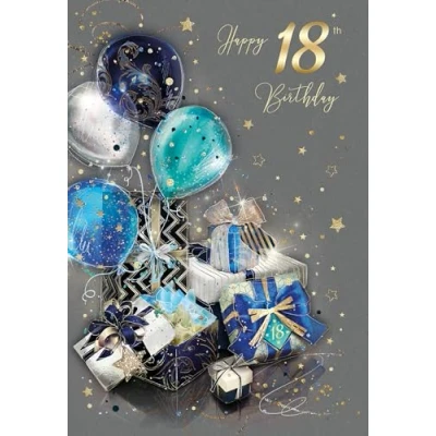 Image of Cherry Orchard Happy 18th Birthday Card for Him Presents and Balloons, Gold Foil detailing Envelope Grayson Range