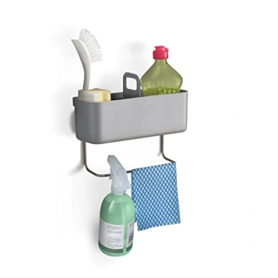 Image of Joseph Door Store In cupboard Kitchen Sink Tidy Caddy Organiser, Washing up, Brush, Sponges, Dish cloth storage, Removable, Grey