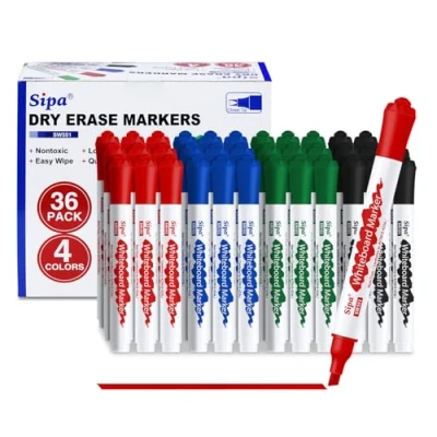 Image of Sipa Whiteboard Markers Pens, 36 Bulk Dry Wipe Chisel Tip Erasable White Board Pens Colour, Low Odor Flip Chart Markers, Ideal for Classroom, Office, Teachers and Students