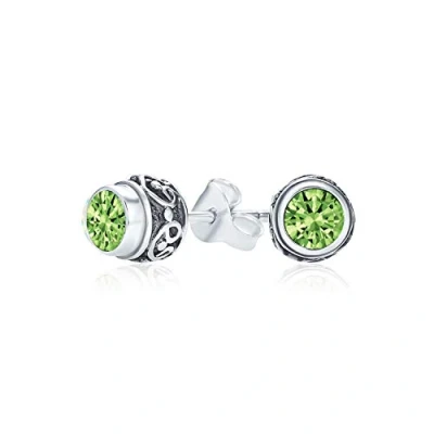 Image of Bali Style Tiny Round Green Peridot Gemstone Stud Earrings For Women Oxidized .925 Sterling Silver August Birthstone