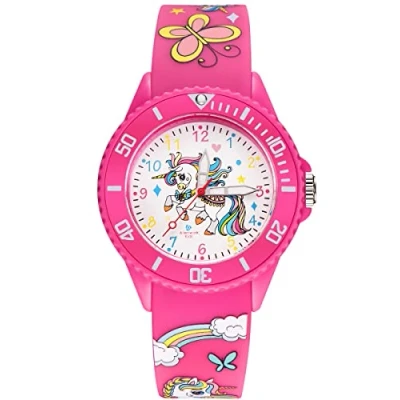 Image of Alienwork Unicorn Girl Children&#039;s Teacher Watch Girls Rose Silicone Strap Multi Coloured Kid Waterproof 5 ATM Learning Time