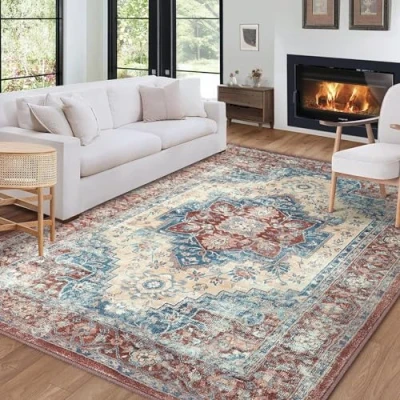 Image of LuxFocus Area Rug 120 x 170 cm, Washable Bedroom Rug, Soft Oriental Distressed Accent Rugs for Living Room Dining Room, Non Slip Shedding Low Pile Entryway Floor Carpet, Rust