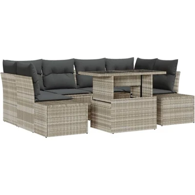 Image of vidaXL 7 Piece Garden Sofa Set with Cushions Light Grey Poly Rattan