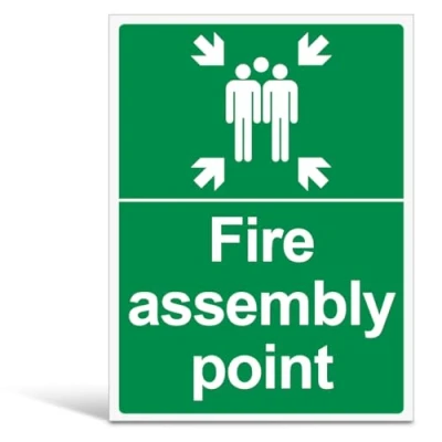 Image of V Safety Fire Assembly Point With Family Sign Portrait 300mm x 400mm 1mm Rigid Plastic, Green