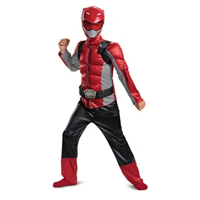 Image of DISGUISE Official Red Power Rangers Costume Kids, Muscle Fancy Dress Up Outfit for Children Suit Halloween Birthday World Book Day Costumes Boys 4 6 Years