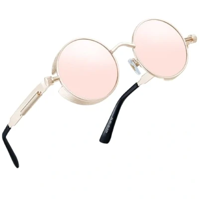 Image of Joopin Polarised Retro Circle Sunglasses Steampunk, Vintage 90s Rocking Style Round Mirrored lens Metal for Men Women UV400 Protection(Retro Pink)
